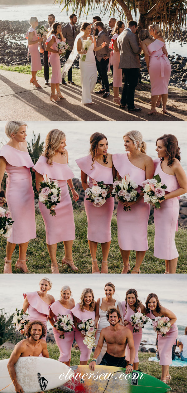 Pink Satin Ruffles One Shoulder Sheath Knee Length Bridesmaid Dresses, CB0077