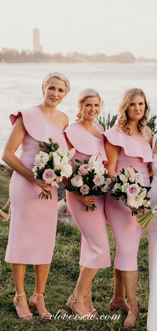 Pink Satin Ruffles One Shoulder Sheath Knee Length Bridesmaid Dresses, clover sew Pink Satin Ruffles One Shoulder Sheath Knee Length Bridesmaid Dresses, clover sew