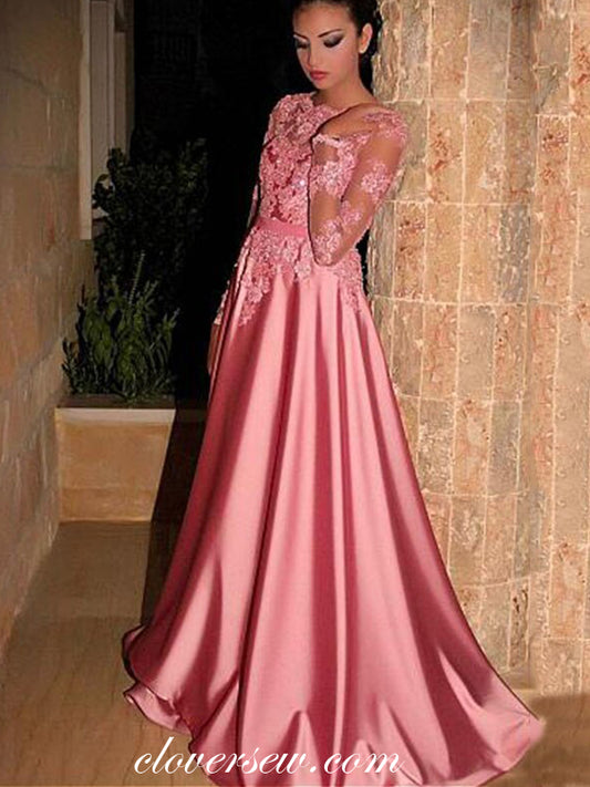 Pink See Through Lace Long Sleeves Satin A-line Prom Dresses,CP0448