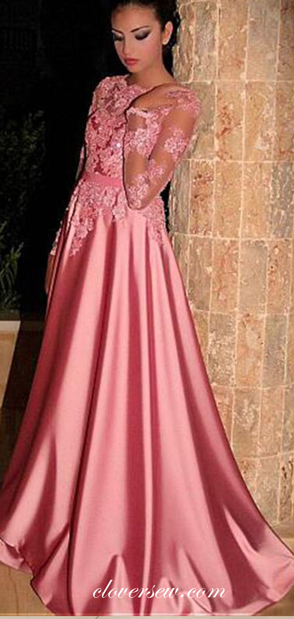 Pink See Through Lace Long Sleeves Satin A-line Prom Dresses,CP0448