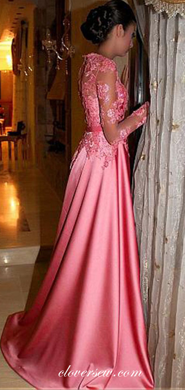 Pink See Through Lace Long Sleeves Satin A-line Prom Dresses,CP0448