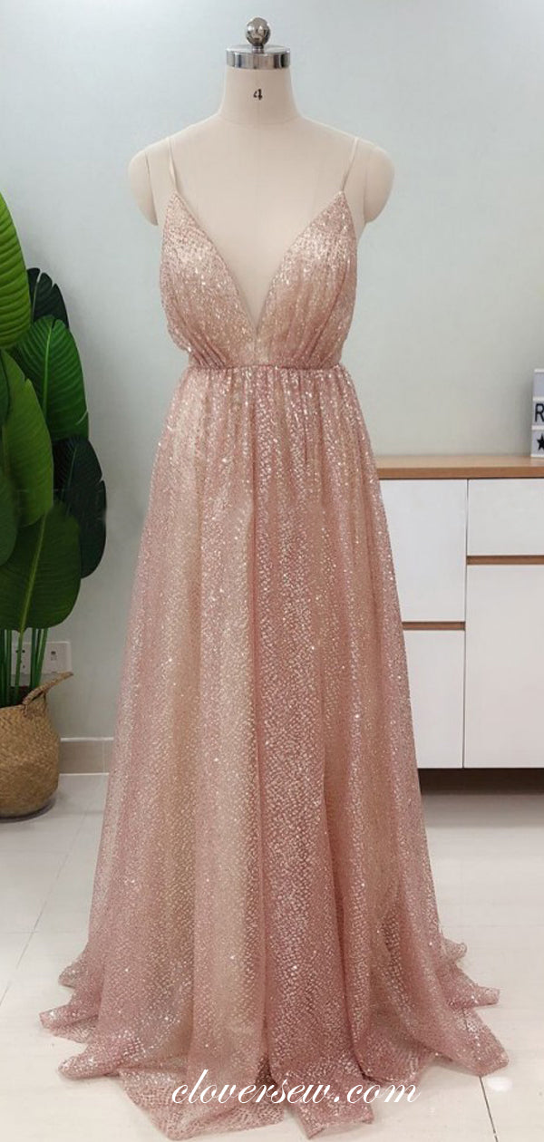 Pink Sequin Tulle Spaghetti Strap A-line Prom Dresses,CP0134