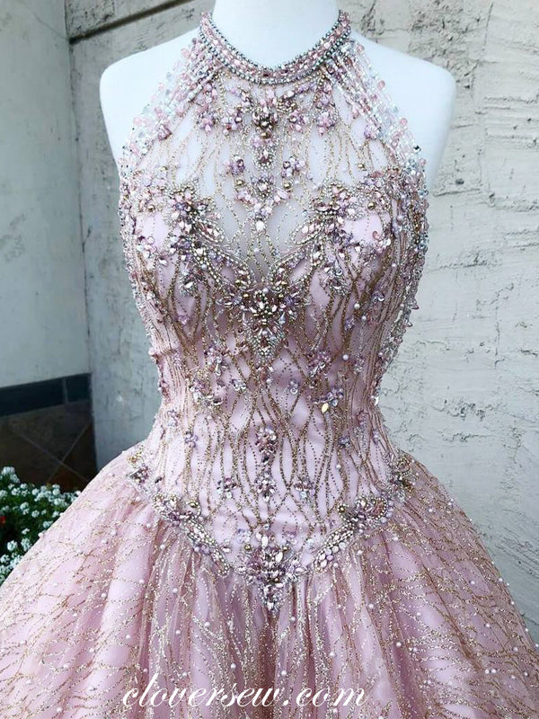 Pink Sequined Lace Halter Rhinestone Top Prom Dresses, CP0059 clover sew Pink Sequined Lace Halter Rhinestone Top Prom Dresses, CP0059 clover sew