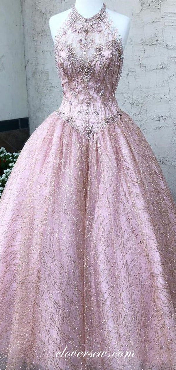 Pink Sequined Lace Halter Rhinestone Top Prom Dresses, CP0059