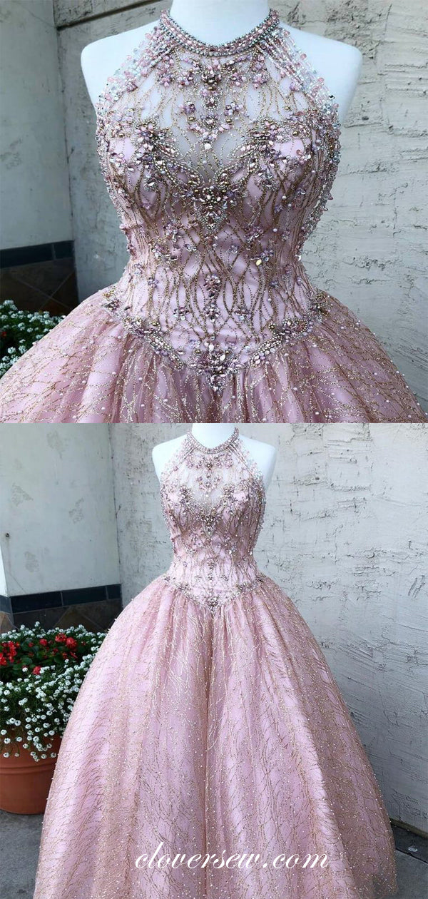 Pink Sequined Lace Halter Rhinestone Top Prom Dresses, CP0059