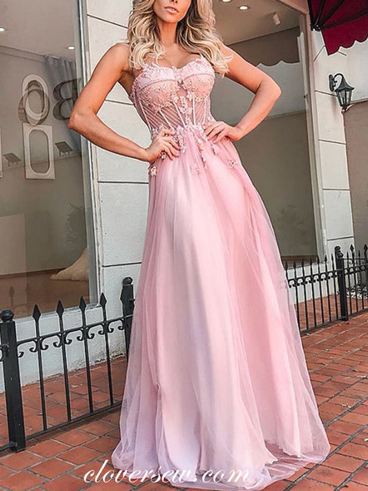 Pink Sweetheart Strapless Bead Applique A-line Prom Dresses ,CP0406