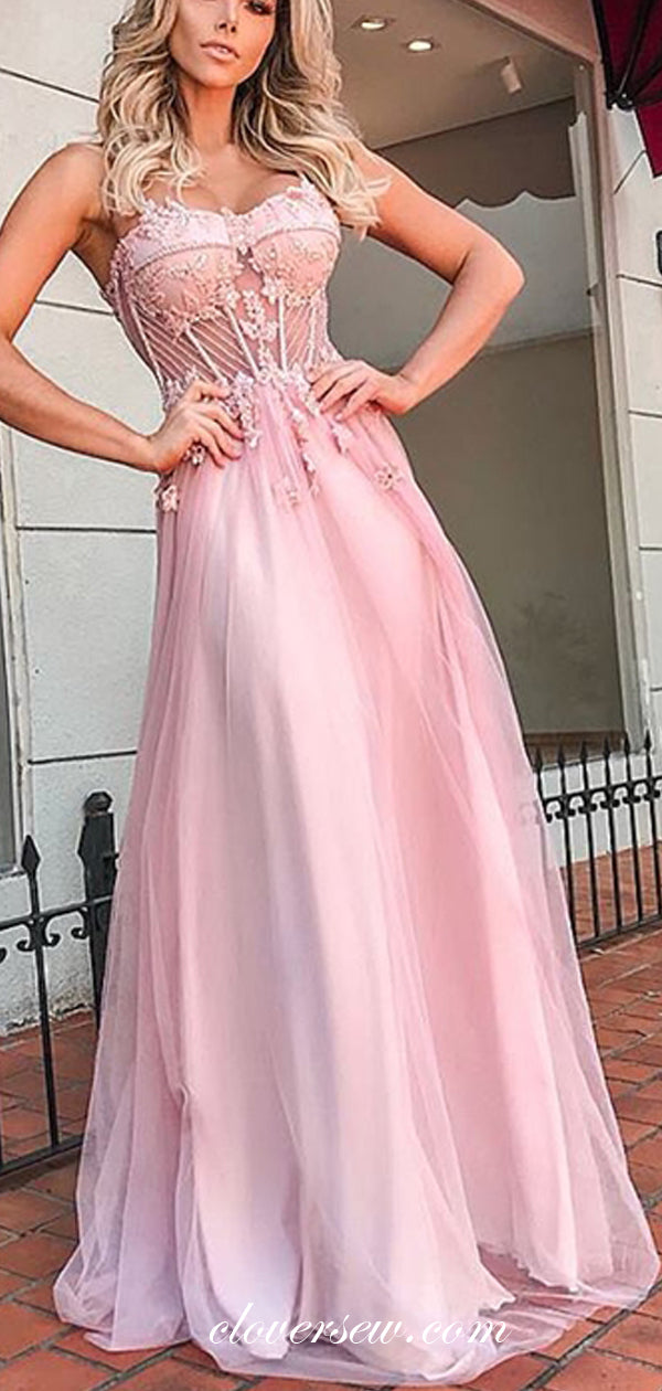 Pink Sweetheart Strapless Bead Applique A-line Prom Dresses ,CP0406