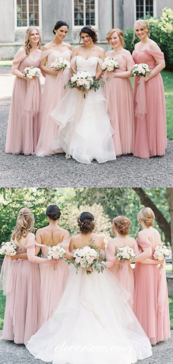 Pink Tulle Off The Shoulder A-line Long Bridesmaid Dresses, CB0053 clover sew Pink Tulle Off The Shoulder A-line Long Bridesmaid Dresses, CB0053 clover sew