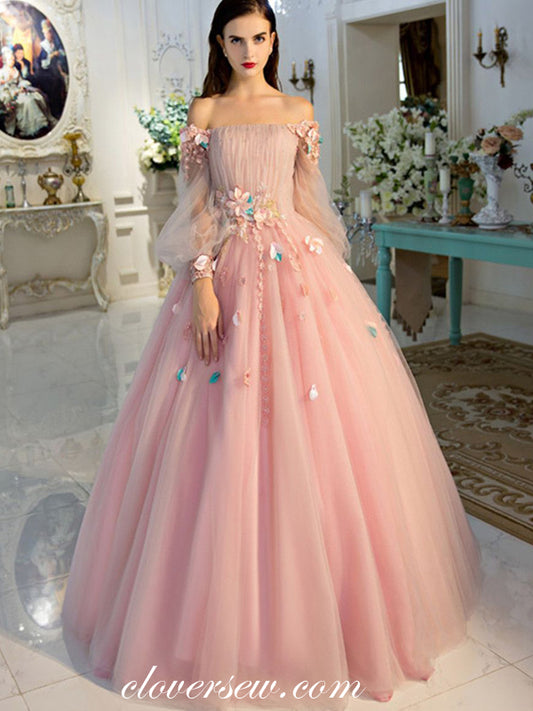 Pink Tulle Off The Shoulder Long Sleeves Applique Ball Gown Prom Dresses, CP0100