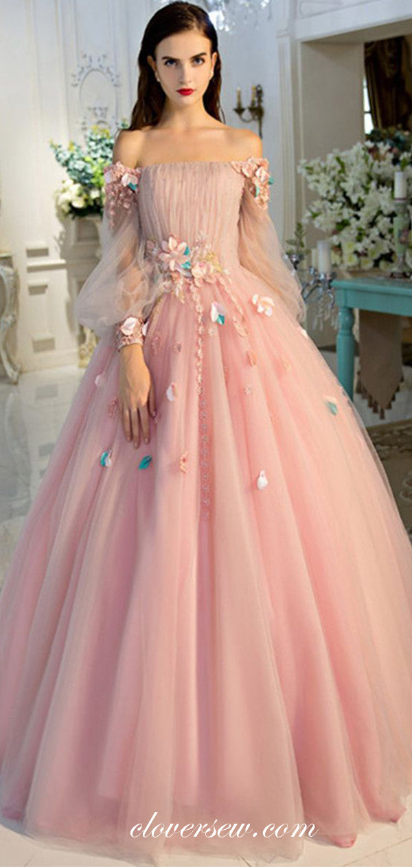 Pink Tulle Off The Shoulder Long Sleeves Applique Ball Gown Prom Dresses, CP0100