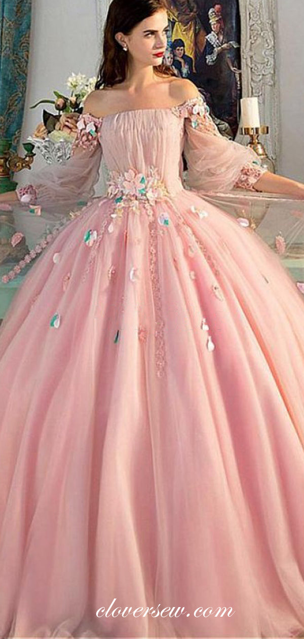Pink Tulle Off The Shoulder Long Sleeves Applique Ball Gown Prom Dresses, CP0100 US10 / Custom Color(leaving a note) / With Petticoat Pink Tulle Off The Shoulder Long Sleeves Applique Ball Gown Prom Dresses, CP0100 US10 / Custom Color(leaving a note) / With Petticoat