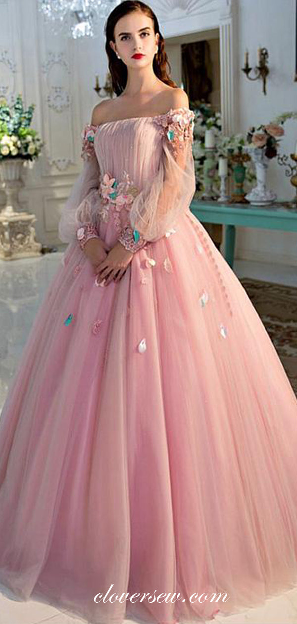 Pink Tulle Off The Shoulder Long Sleeves Applique Ball Gown Prom Dresses, CP0100