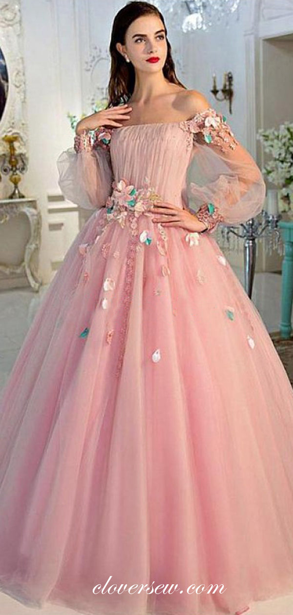 Pink Tulle Off The Shoulder Long Sleeves Applique Ball Gown Prom Dresses, CP0100