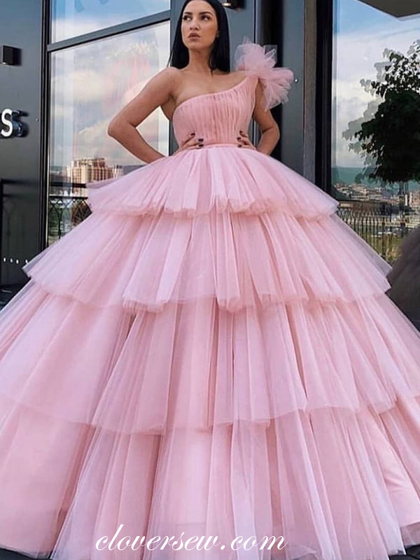 Pink Tulle One Shoulder Tiered Ball Gown Prom Dresses,CP0207