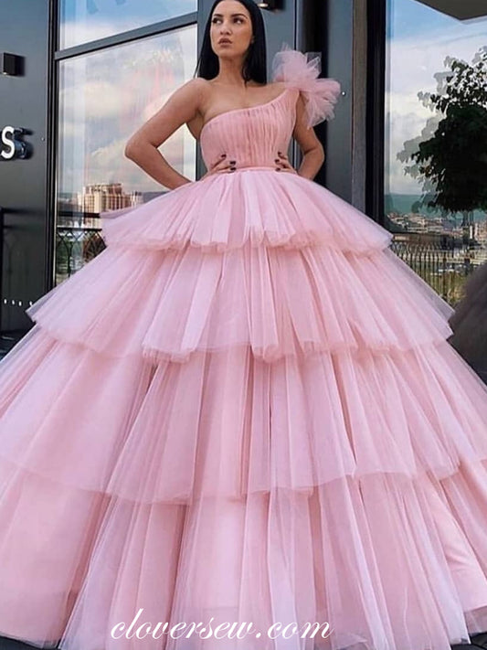 Pink Tulle One Shoulder Tiered Ball Gown Prom Dresses,CP0207
