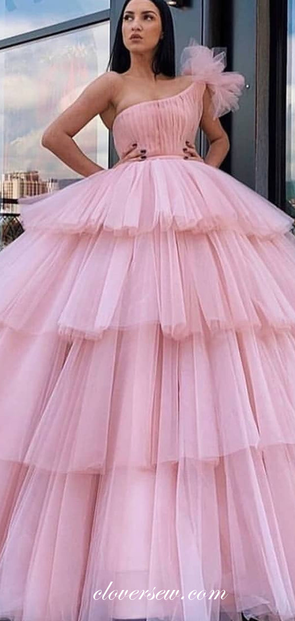 Pink Tulle One Shoulder Tiered Ball Gown Prom Dresses,CP0207