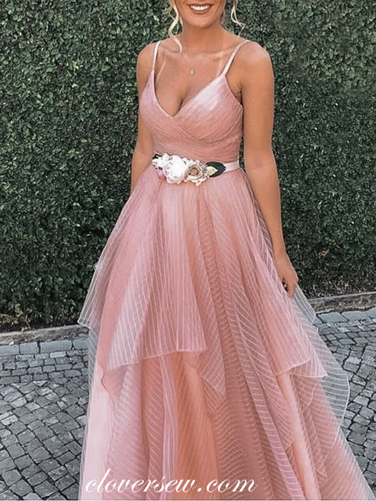Pink Tulle Spaghetti Strap Ruffles A-line Prom Dresses,CP0311