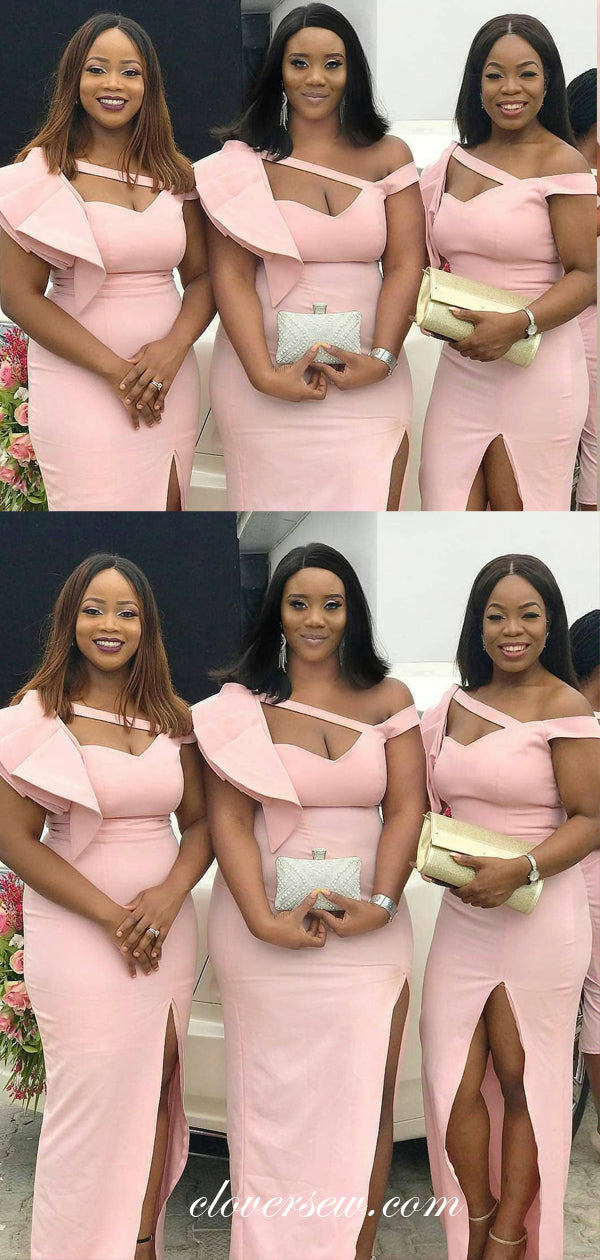 Pink Unique Shoulder Design Side Slit Sheath Column Bridesmaid Dresses,CB0102