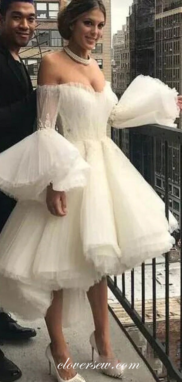 Pleating Ivory Tulle Long Puffy Sleeves High Low Short Wedding Dresses,CW0150