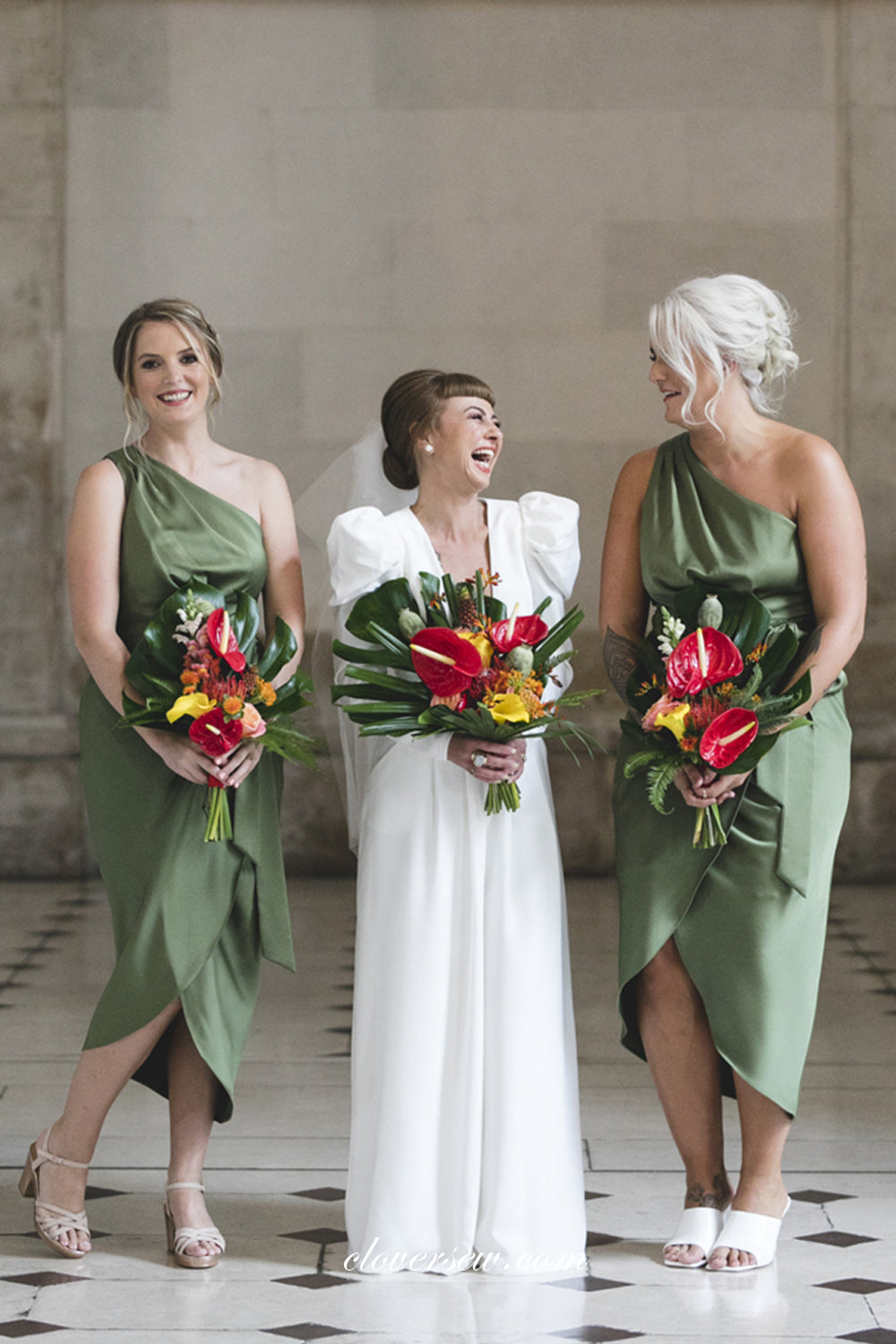 Pleating One Shoulder Sheath Green Short Bridesmaid Dresses, CB0248 clover sew Pleating One Shoulder Sheath Green Short Bridesmaid Dresses, CB0248 clover sew