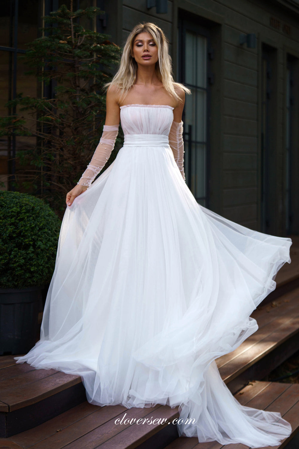 Pleating Tulle Strapless With Stylish Sleeves Simple Cheap Wedding Dresses, CW0346