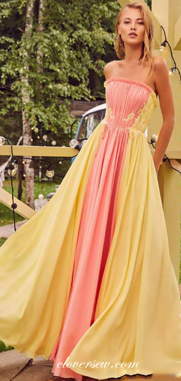 Pleating Peach And Yellow Applique Strapless A-line Prom Dresses, CP0460