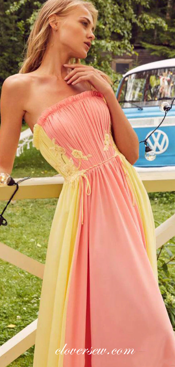 Pleating Peach And Yellow Applique Strapless A-line Prom Dresses, CP0460
