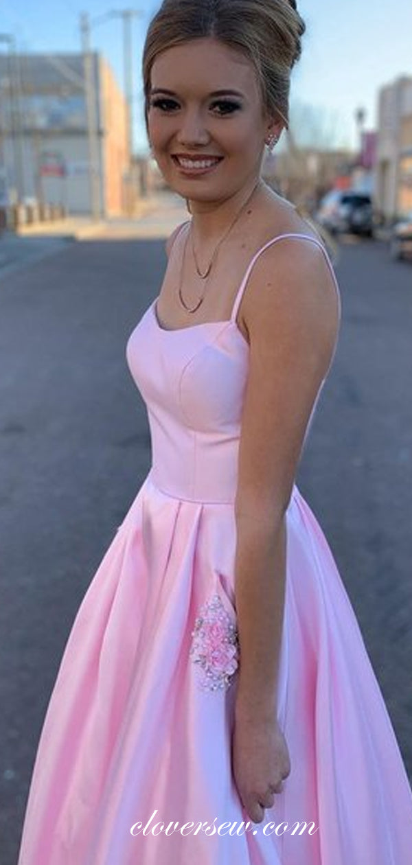 Pnk Satin Spaghetti Strap With Rhinetone Pockets A-line Prom Dresses ,CP0397