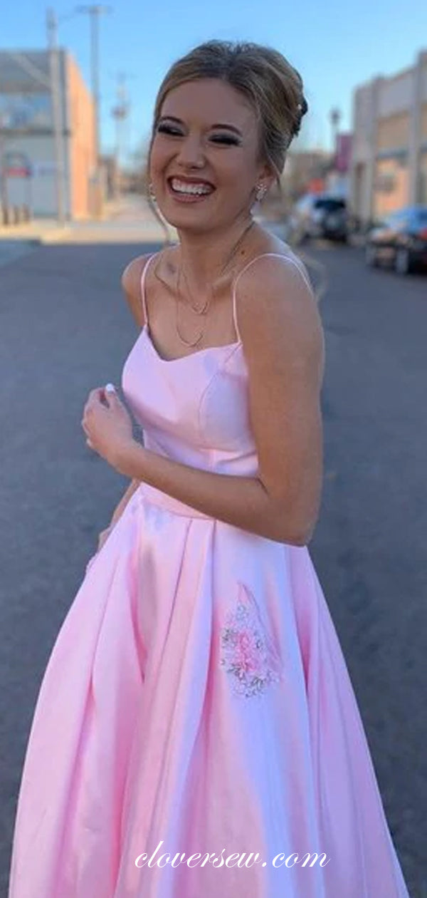 Pnk Satin Spaghetti Strap With Rhinetone Pockets A-line Prom Dresses ,CP0397
