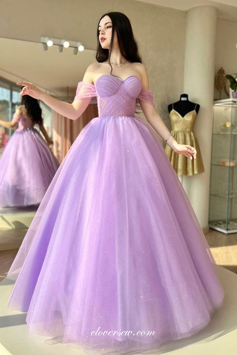 Purple Glitter Tulle Off The Shoulder Sweetheart Ball Gown Prom Dresses, CP0949