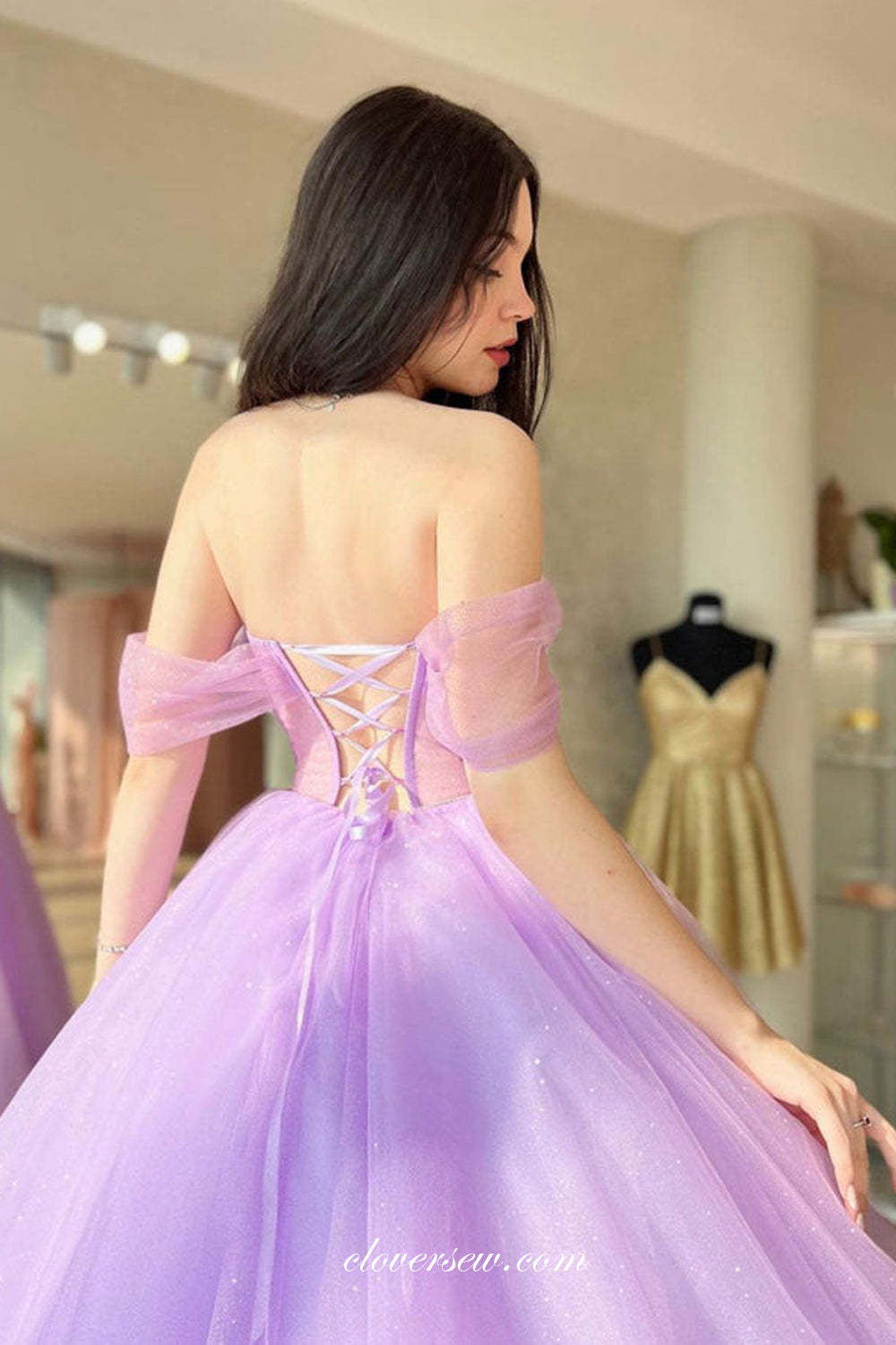 Purple Glitter Tulle Off The Shoulder Sweetheart Ball Gown Prom Dresse clover sew Purple Glitter Tulle Off The Shoulder Sweetheart Ball Gown Prom Dresse clover sew