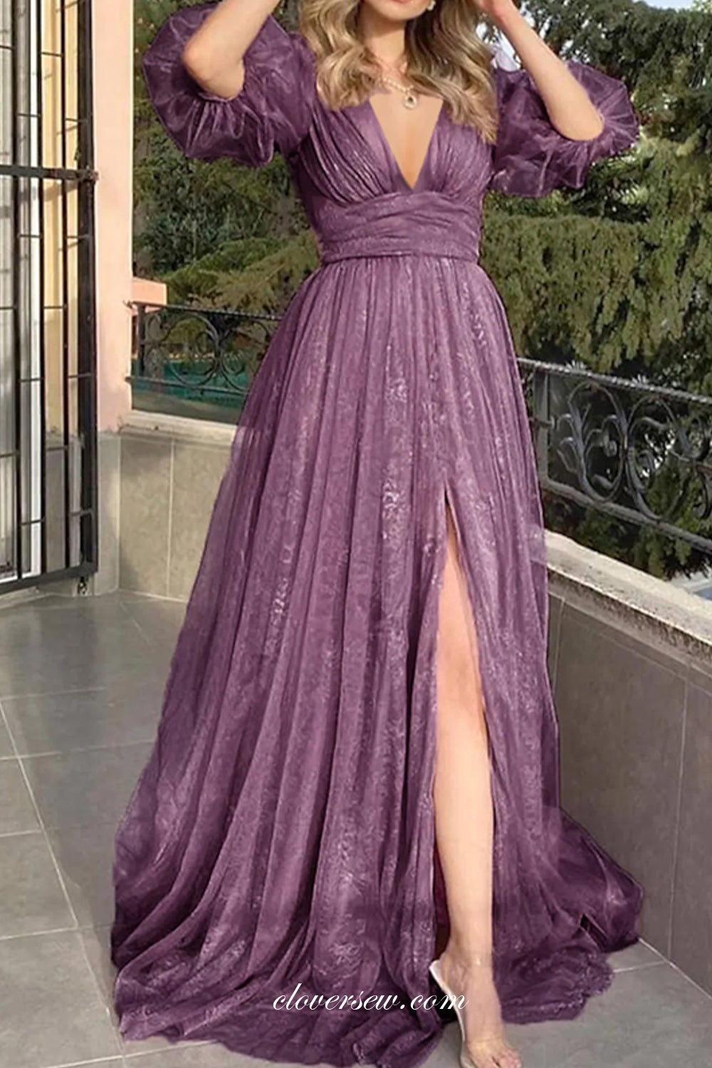 Purple Lace Half Puffy Half Sleeves V-neck High Waist Formal Dresses, CP0779