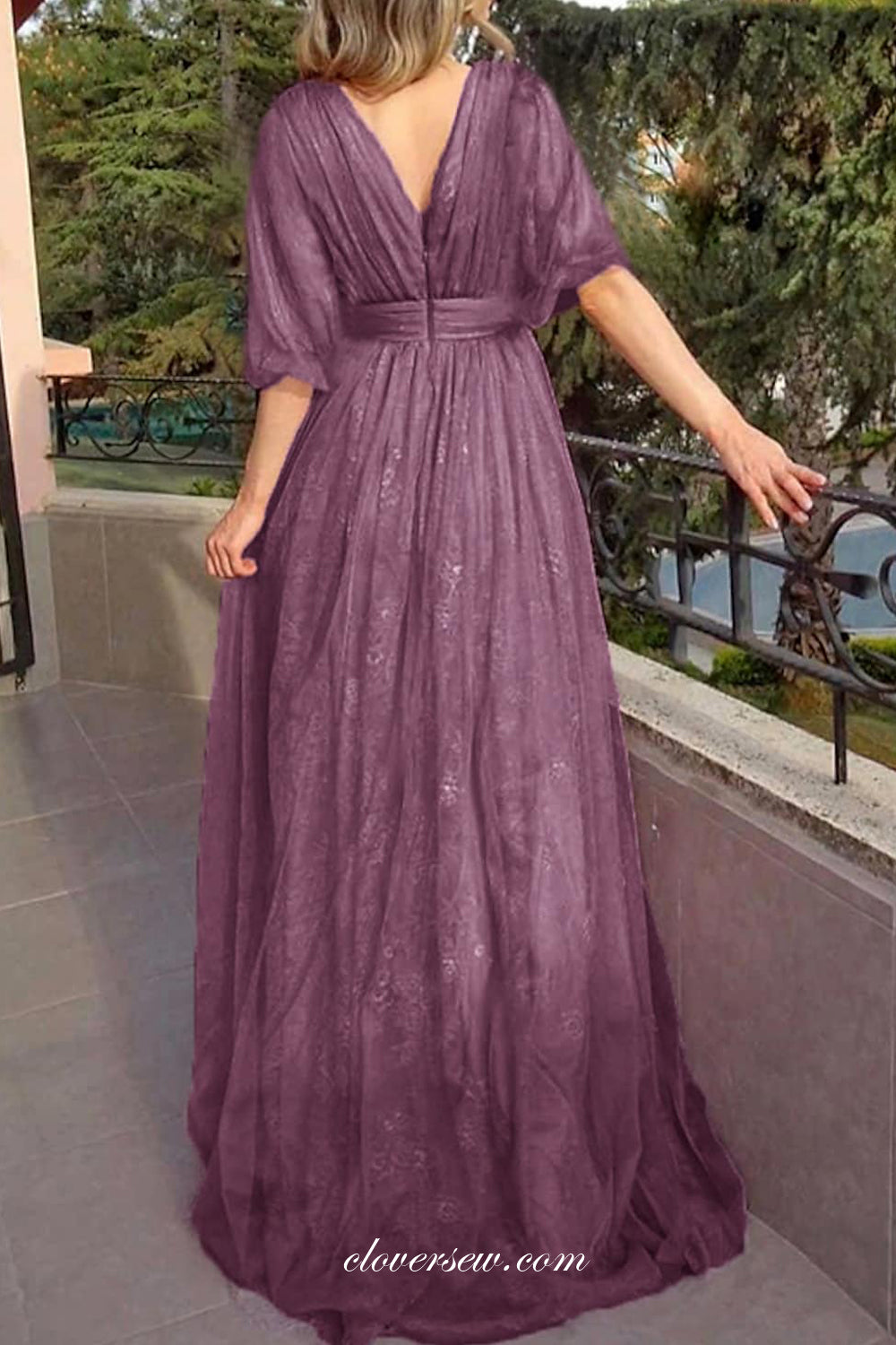 Purple Lace Half Puffy Half Sleeves V-neck High Waist Formal Dresses, clover sew Purple Lace Half Puffy Half Sleeves V-neck High Waist Formal Dresses, clover sew