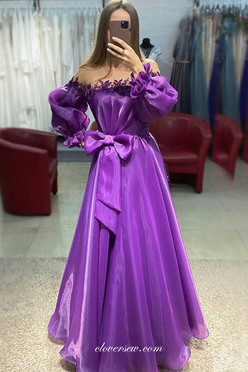 Purple Organza Puffy Sleeves With Applique A-line Prom Dresses, CP0834