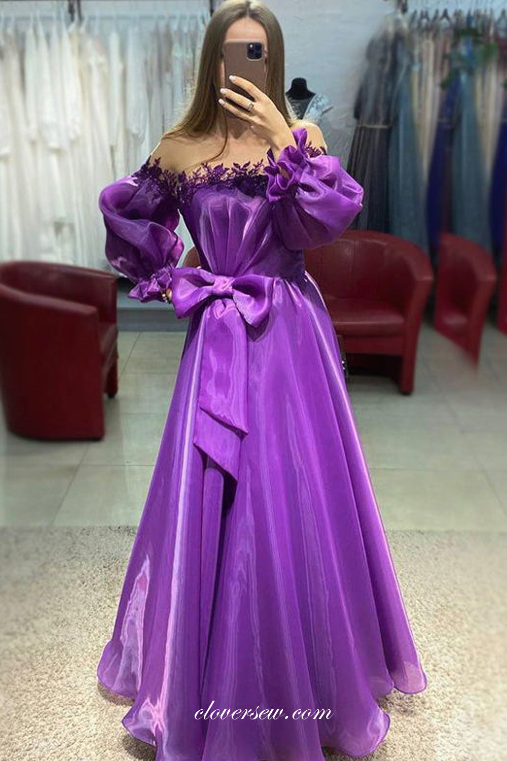 Purple Organza Puffy Sleeves With Applique A-line Prom Dresses, CP0834 US8 / Custom Color(leaving a note) Purple Organza Puffy Sleeves With Applique A-line Prom Dresses, CP0834 US8 / Custom Color(leaving a note)