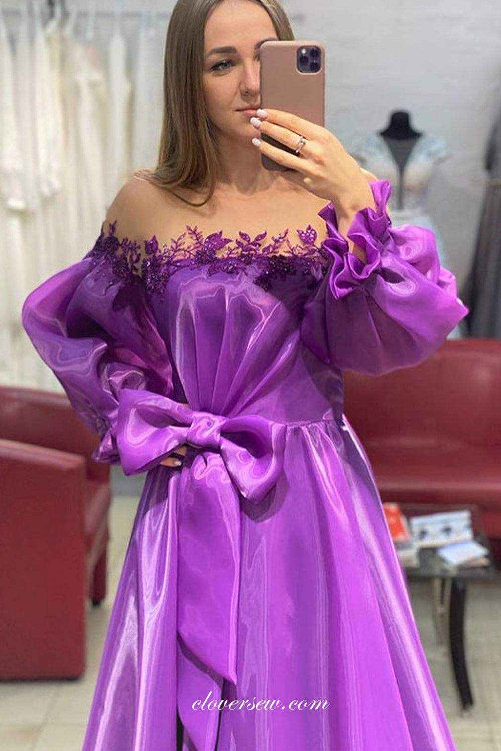 Purple Organza Puffy Sleeves With Applique A-line Prom Dresses, CP0834