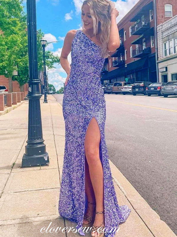 Purple Sequin One Shoulder Sheath With High Slit Prom Dresses, CP0884