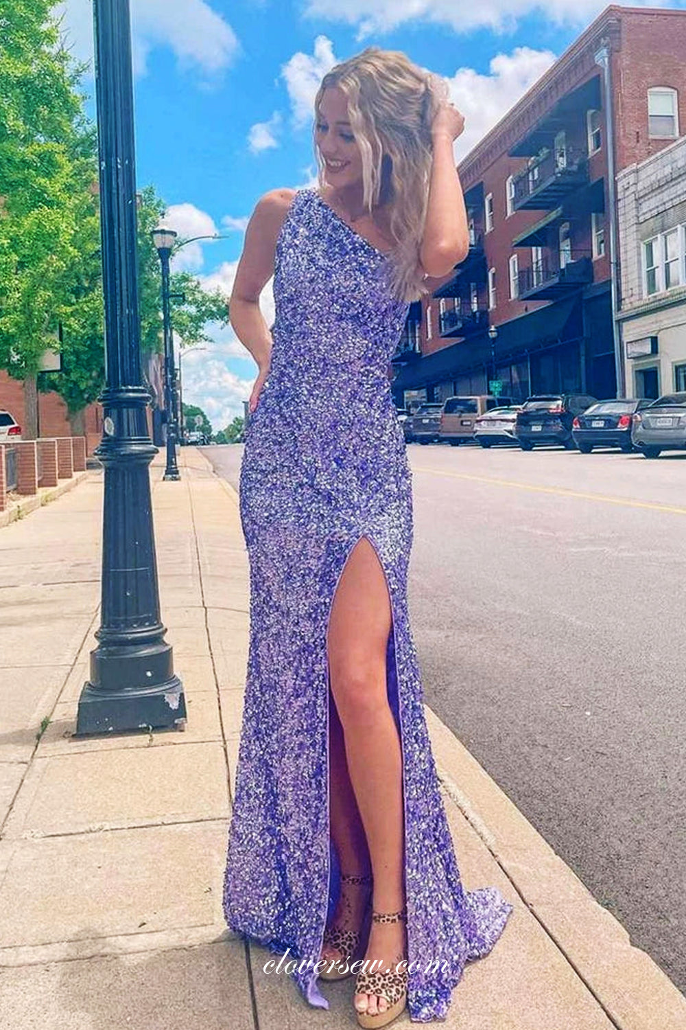 Purple Sequin One Shoulder Sheath With High Slit Prom Dresses, CP0884