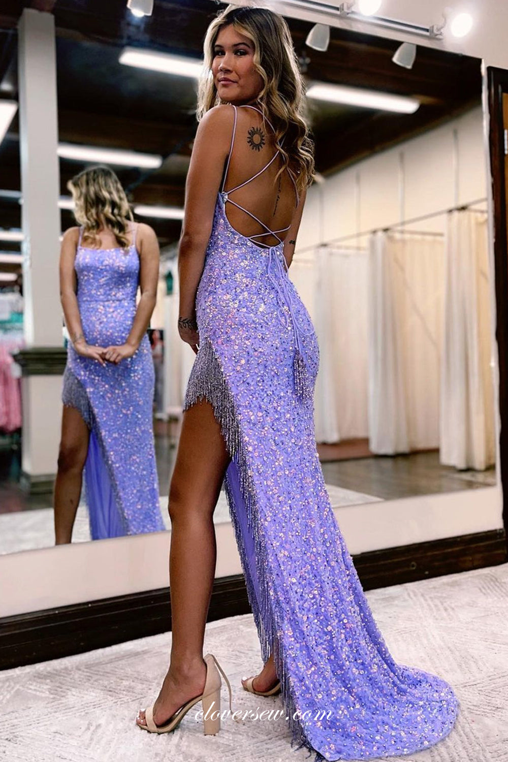 Purple Sequined Tulle With Beading Tassel Backless Prom Dresses, CP1001
