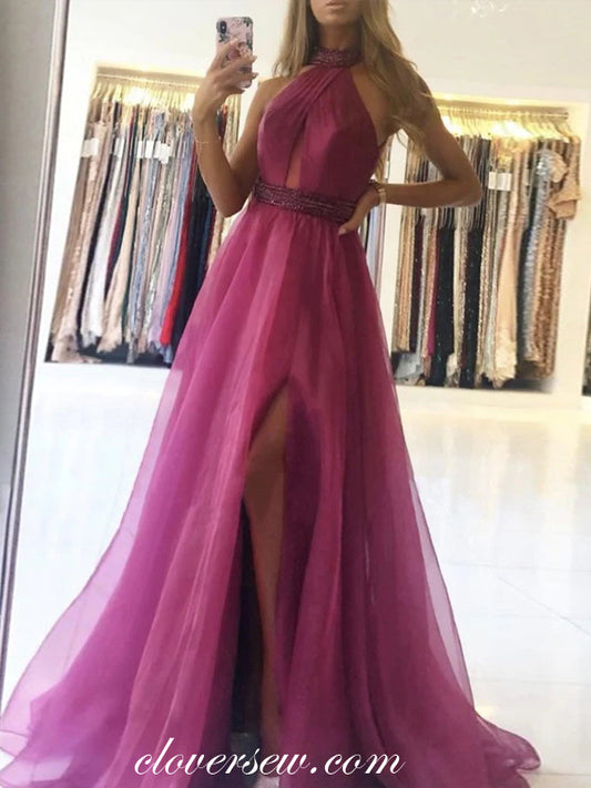 Purple Tulle Beading Halter Open Back A-line With Slit Prom Dresses, CP1009