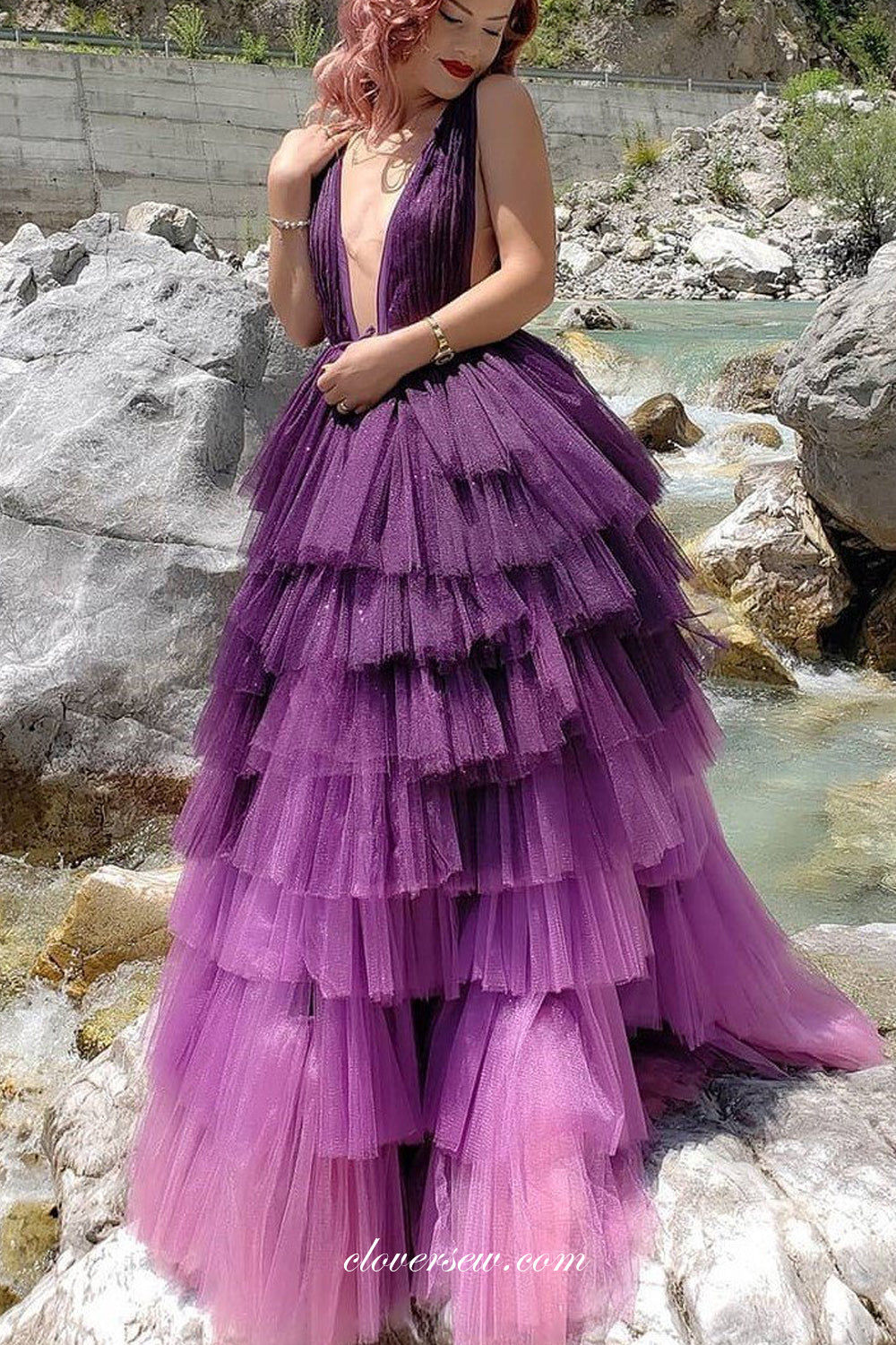 Purple Tulle Tiered A-line Deep V-neck Backless Prom Dresses, CP0747 clover sew Purple Tulle Tiered A-line Deep V-neck Backless Prom Dresses, CP0747 clover sew