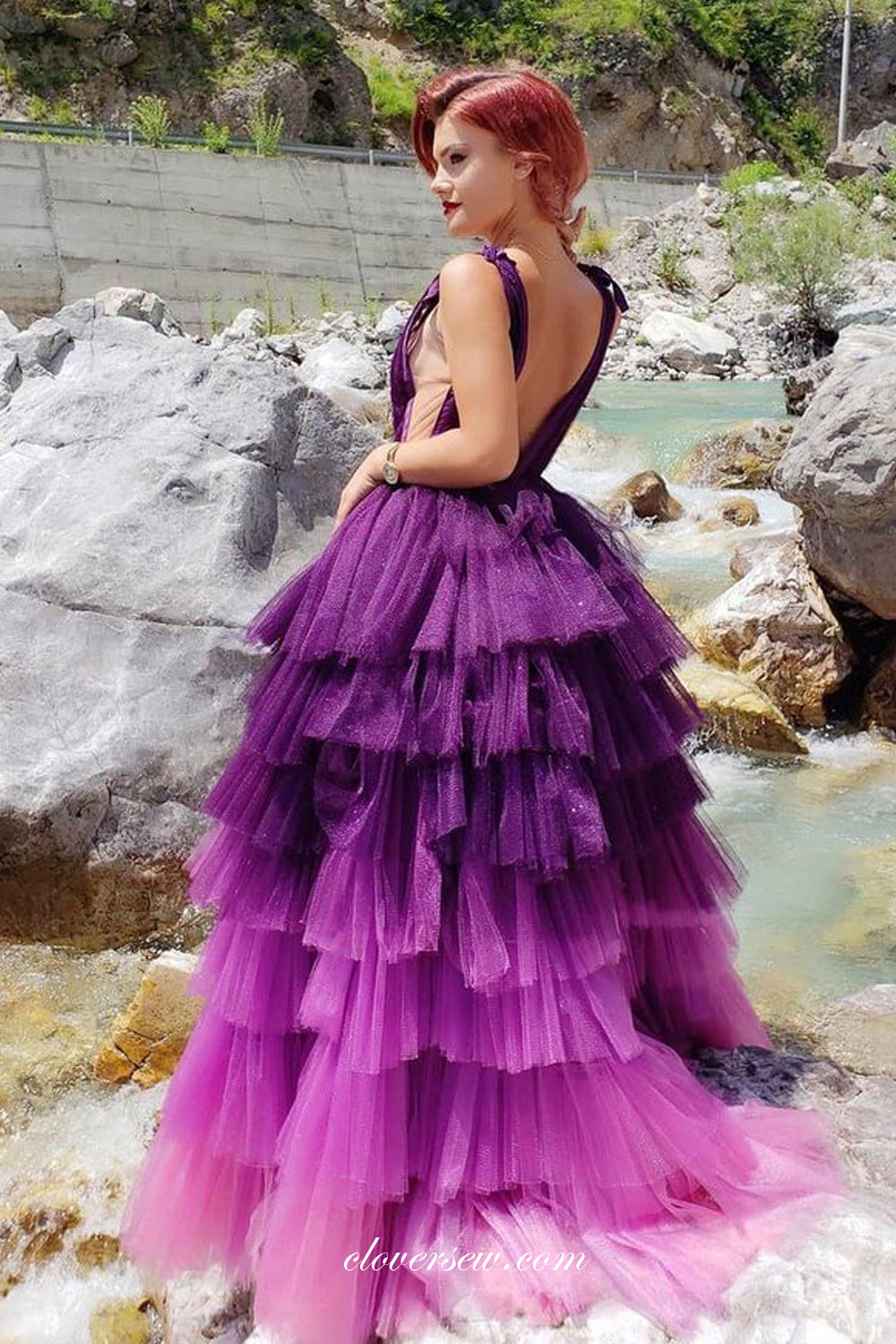 Purple Tulle Tiered A-line Deep V-neck Backless Prom Dresses, CP0747 clover sew Purple Tulle Tiered A-line Deep V-neck Backless Prom Dresses, CP0747 clover sew