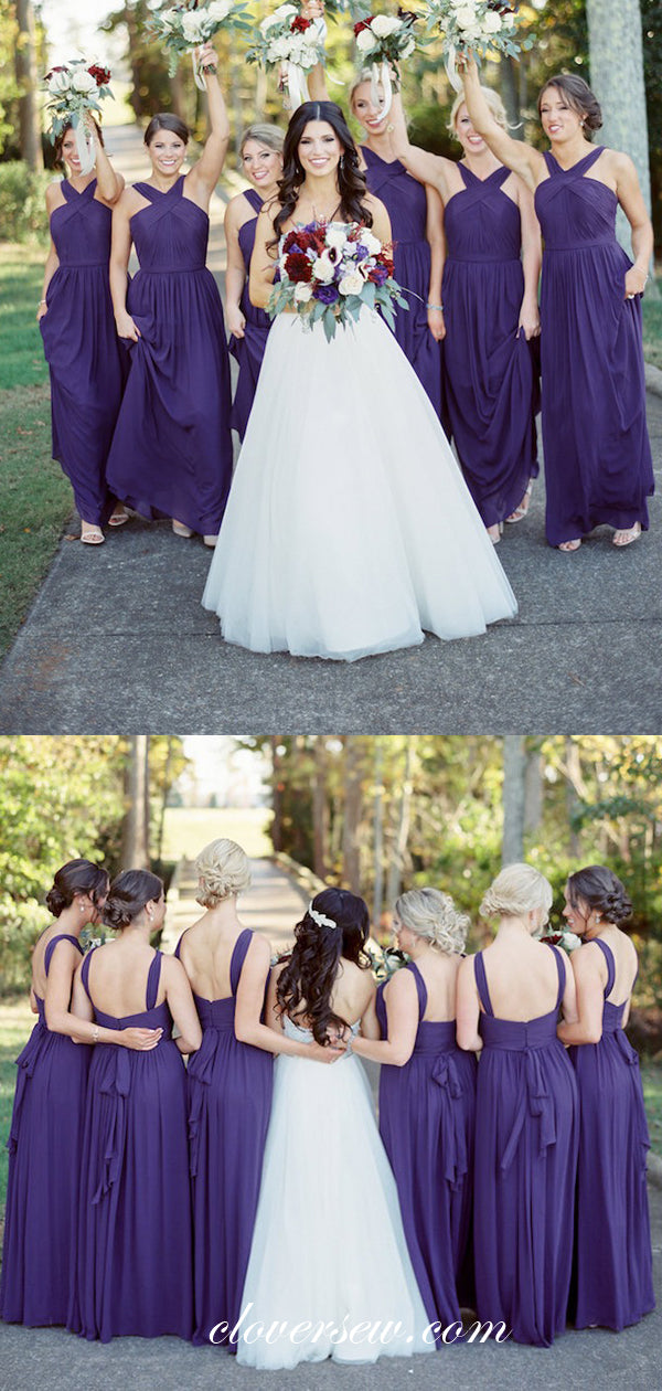 Purple Chiffon Sleeveless Column Long Bridesmaid Dresses, CB0086