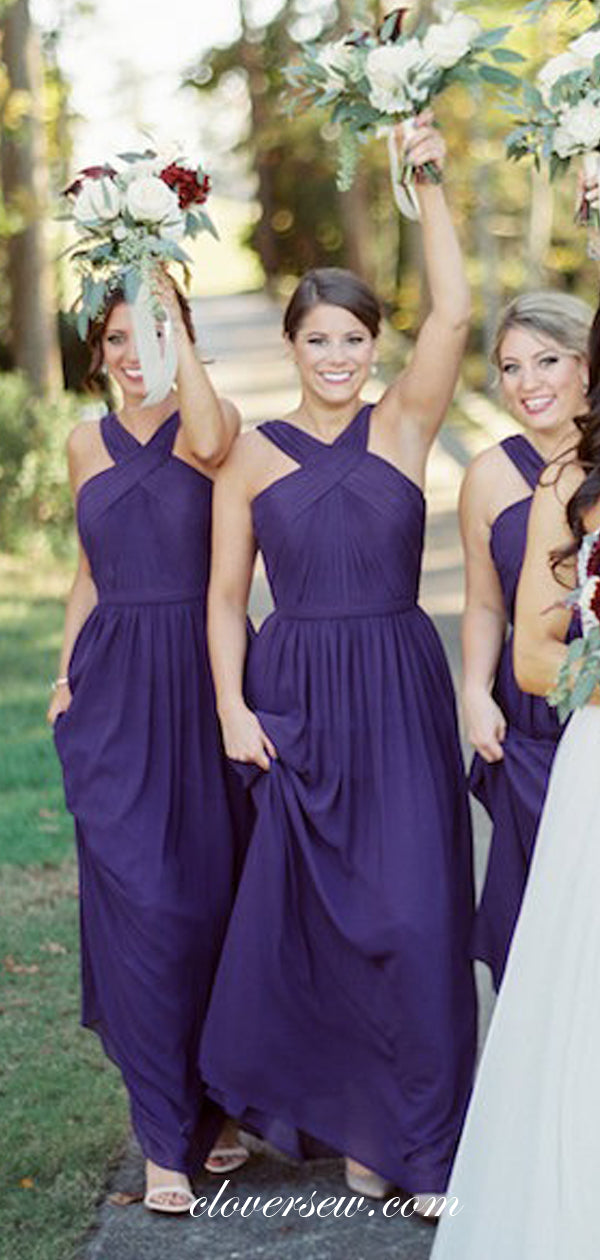 Purple Chiffon Sleeveless Column Long Bridesmaid Dresses, CB0086