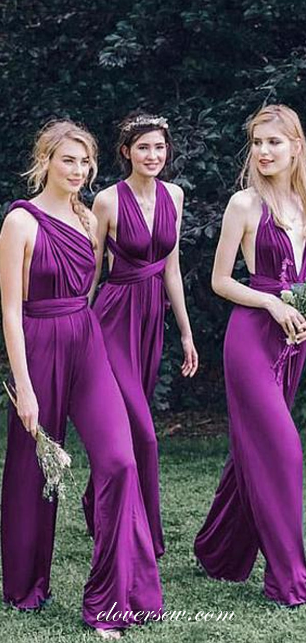 Purple Jersey Convertible Jumpsuit Long Bridesmaid Dresses,CB0106