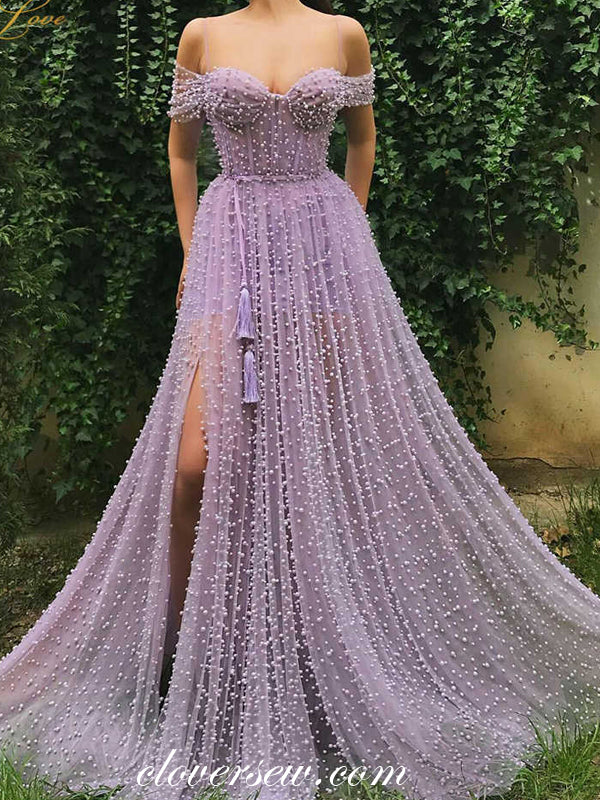 Purple Pearls Tulle Off The Shoulder Side Slit A-line Prom Dresses, CP0463