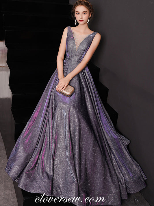 Purple Shiny Satin Sleeveless A-line Fashion Prom Dresses ,CP0177