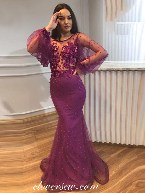 Purple Tulle Long Sleeves See Through Mermaid With Beads Prom Dresses, CP0012