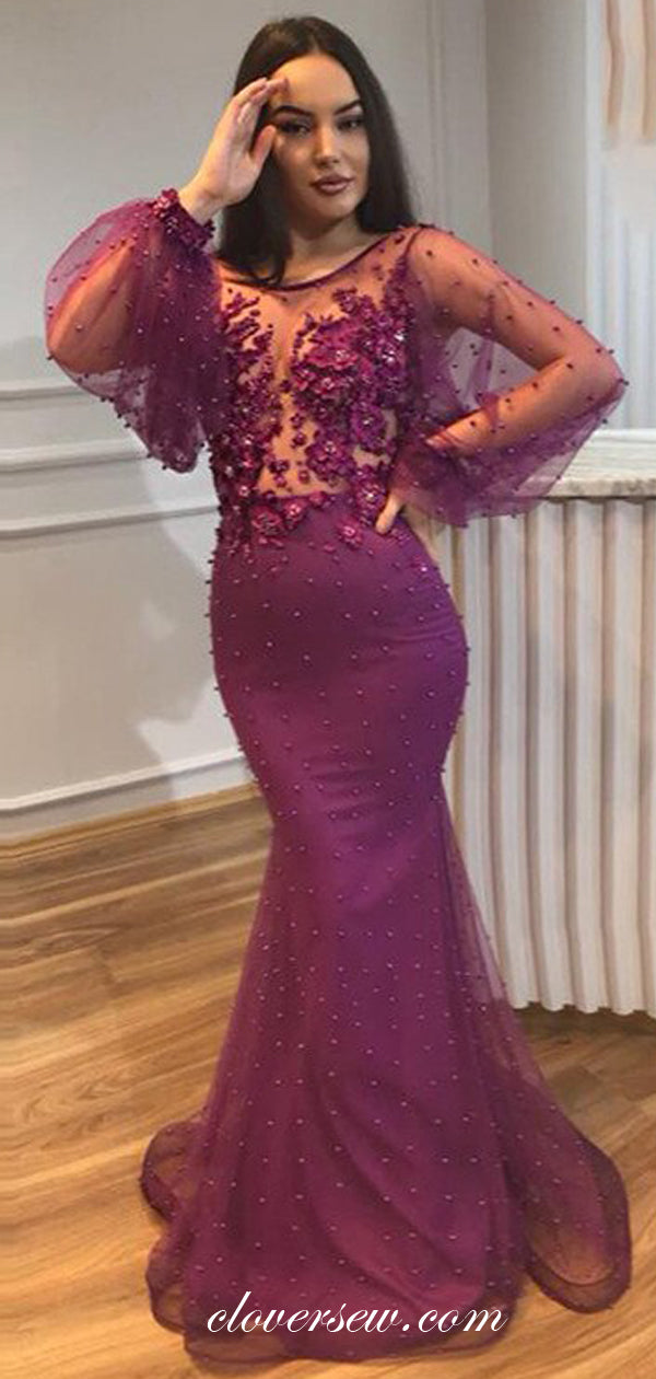 Purple Tulle Long Sleeves See Through Mermaid With Beads Prom Dresses, CP0012