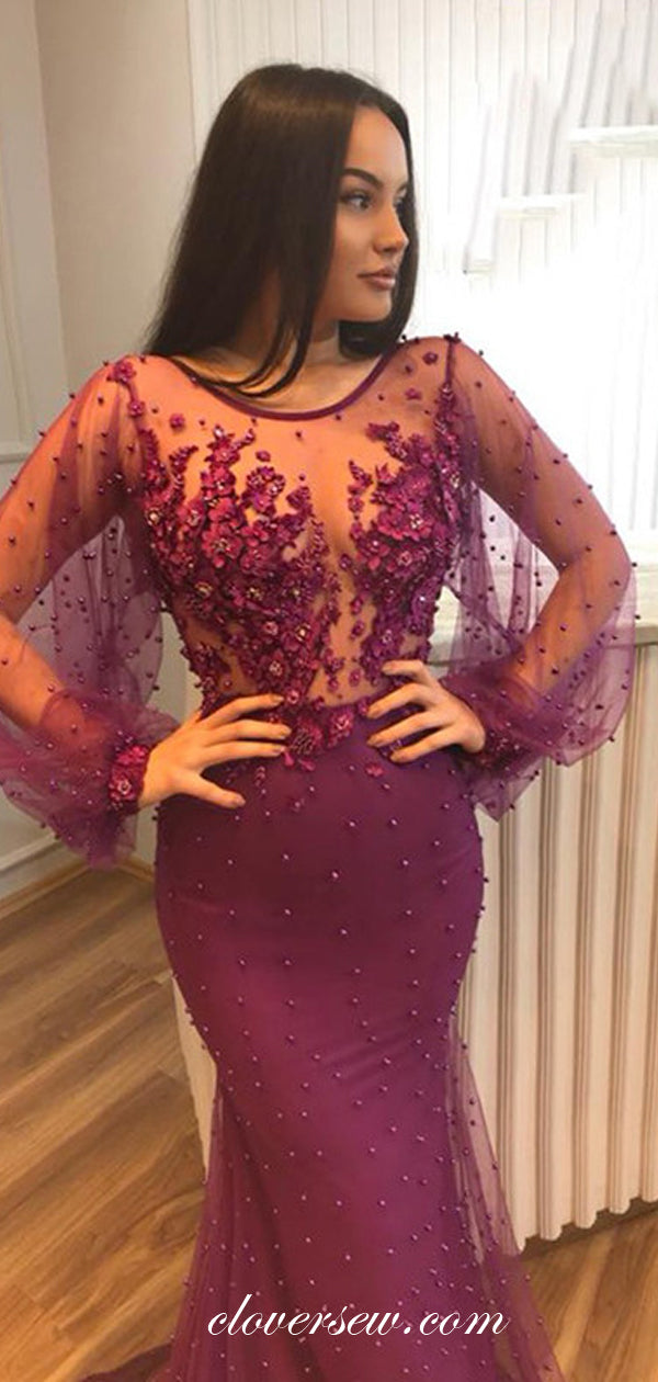 Purple Tulle Long Sleeves See Through Mermaid With Beads Prom Dresses, CP0012